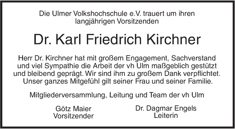  Traueranzeige für Karl Friedrich Kirchner vom 01.03.2018 aus SÜDWEST PRESSE Ausgabe Ulm/Neu-Ulm