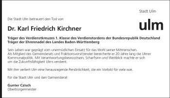 Traueranzeige von Karl Friedrich Kirchner von SÜDWEST PRESSE Ausgabe Ulm/Neu-Ulm
