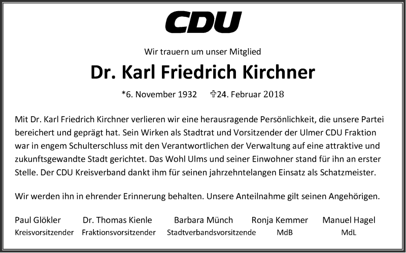  Traueranzeige für Karl Friedrich Kirchner vom 01.03.2018 aus SÜDWEST PRESSE Ausgabe Ulm/Neu-Ulm