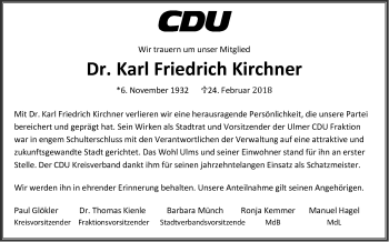 Traueranzeige von Karl Friedrich Kirchner von SÜDWEST PRESSE Ausgabe Ulm/Neu-Ulm