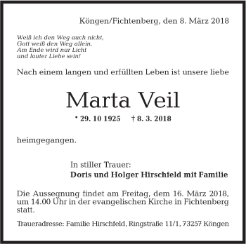 Traueranzeige von Marta Veil von Rundschau Gaildorf