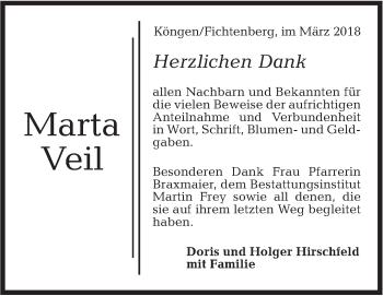Traueranzeige von Marta Veil von Rundschau Gaildorf