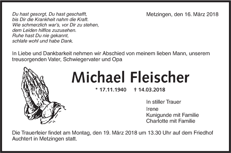  Traueranzeige für Michael Fleischer vom 16.03.2018 aus Metzinger-Uracher Volksblatt