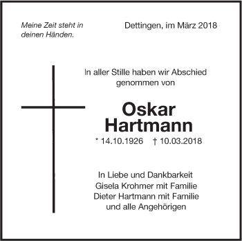 Traueranzeige von Oskar Hartmann von Metzinger-Uracher Volksblatt