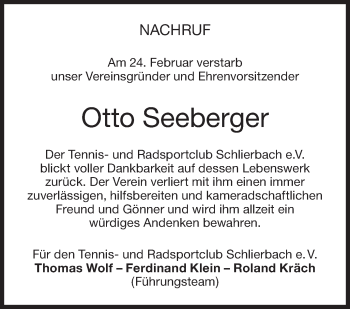 Traueranzeige von Otto Seeberger von NWZ Neue Württembergische Zeitung
