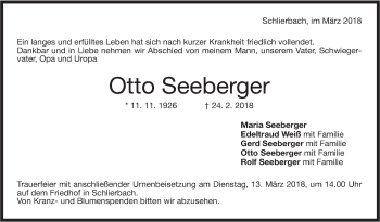 Traueranzeige von Otto Seeberger von NWZ Neue Württembergische Zeitung