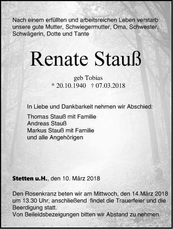 Traueranzeige von Renate Stauß von Hohenzollerische Zeitung