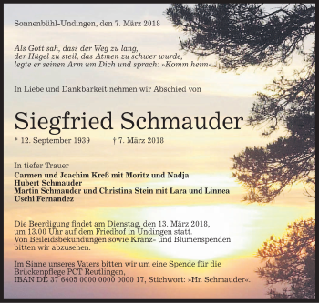 Traueranzeige von Siegfried Schmauder von Hohenzollerische Zeitung