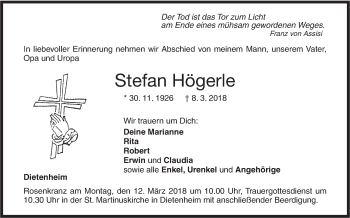 Traueranzeige von Stefan Högerle von Illertal Bote