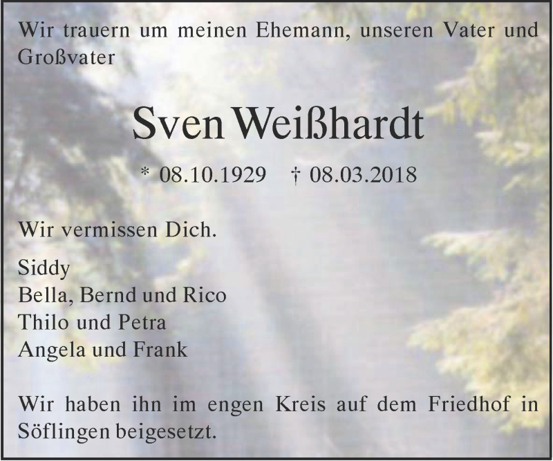  Traueranzeige für Sven Weißhardt vom 31.03.2018 aus SÜDWEST PRESSE Ausgabe Ulm/Neu-Ulm