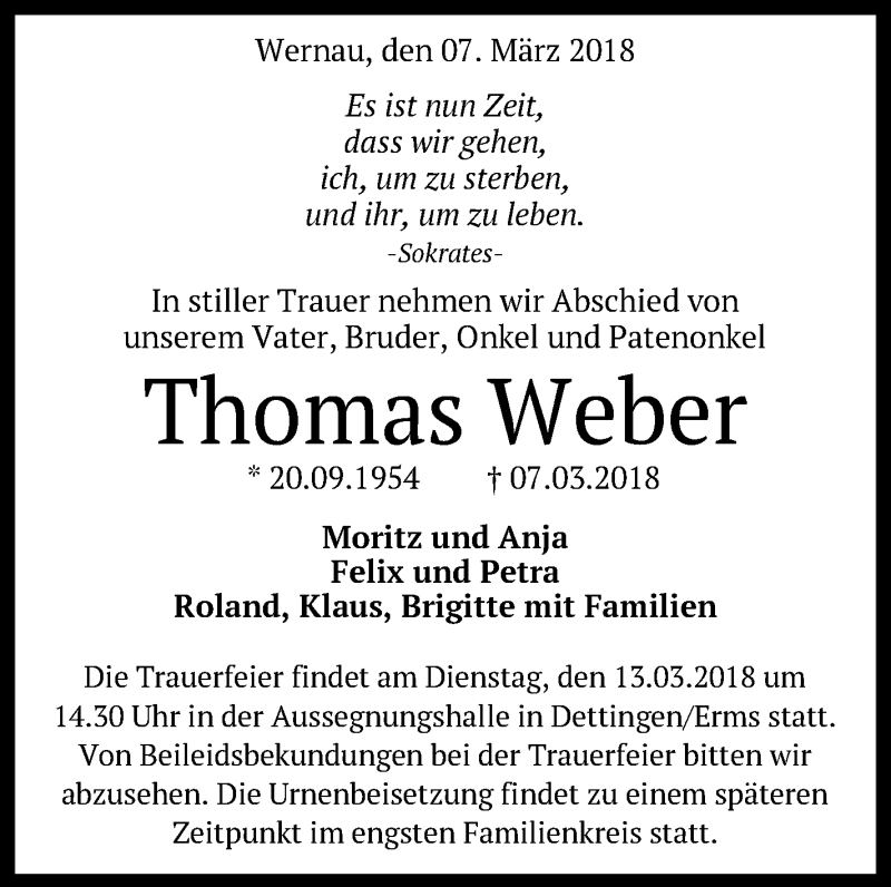  Traueranzeige für Thomas Weber vom 10.03.2018 aus Metzinger-Uracher Volksblatt