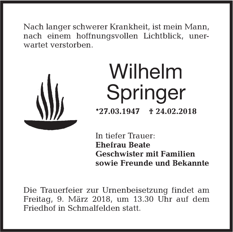  Traueranzeige für Wilhelm Springer vom 07.03.2018 aus Hohenloher Tagblatt
