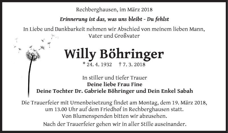  Traueranzeige für Willy Böhringer vom 14.03.2018 aus NWZ Neue Württembergische Zeitung