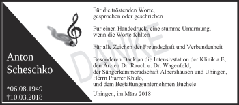 Traueranzeige von Anton Scheschko von NWZ Neue Württembergische Zeitung