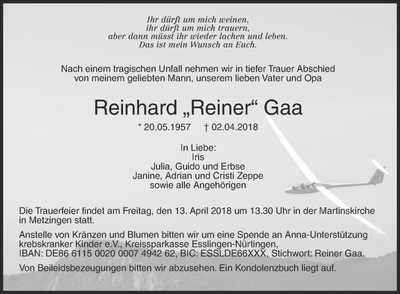  Traueranzeige für Reinhard  Gaa vom 11.04.2018 aus Metzinger-Uracher Volksblatt
