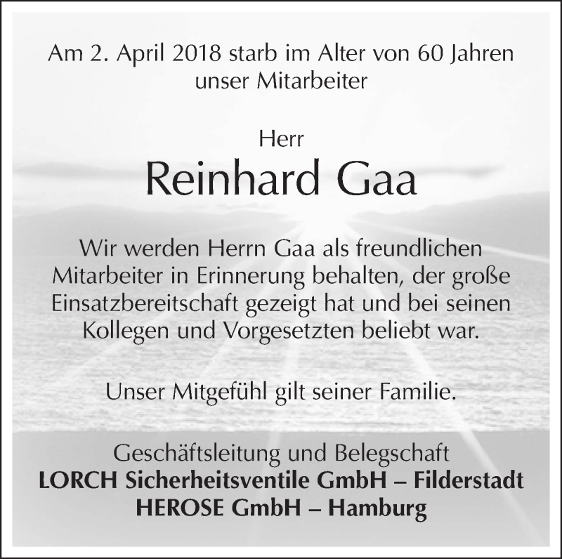  Traueranzeige für Reinhard  Gaa vom 12.04.2018 aus Metzinger-Uracher Volksblatt