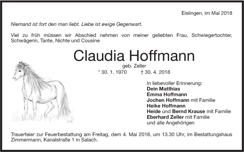  Traueranzeige für Claudia Hoffmann vom 03.05.2018 aus NWZ Neue Württembergische Zeitung