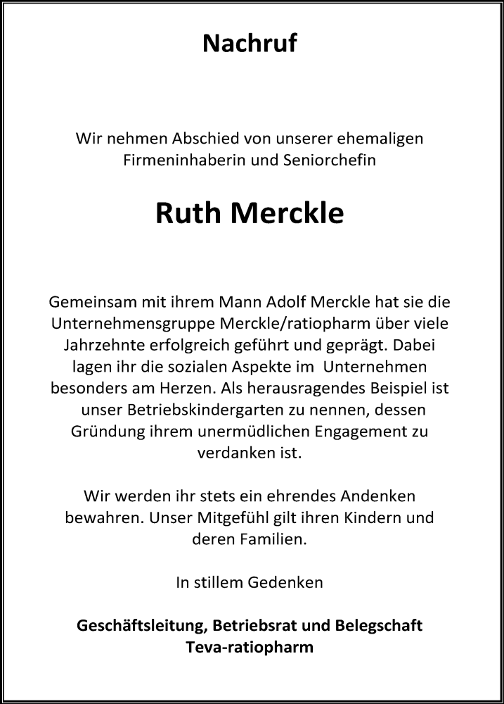  Traueranzeige für Ruth Merckle vom 05.05.2018 aus SÜDWEST PRESSE Ausgabe Ulm/Neu-Ulm