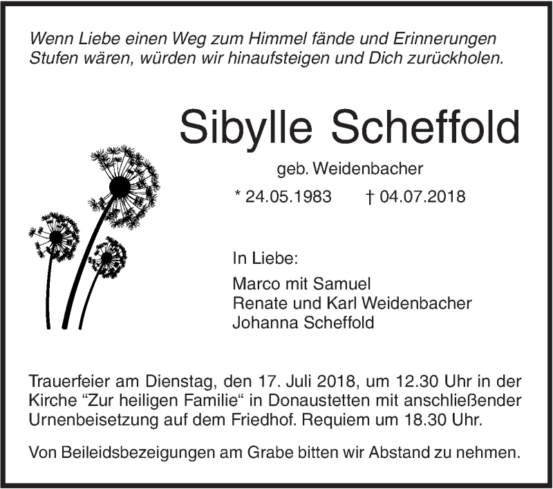  Traueranzeige für Sibylle Scheffold vom 12.07.2018 aus SÜDWEST PRESSE Ausgabe Ulm/Neu-Ulm