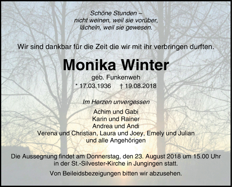  Traueranzeige für Monika Winter vom 21.08.2018 aus Hohenzollerische Zeitung