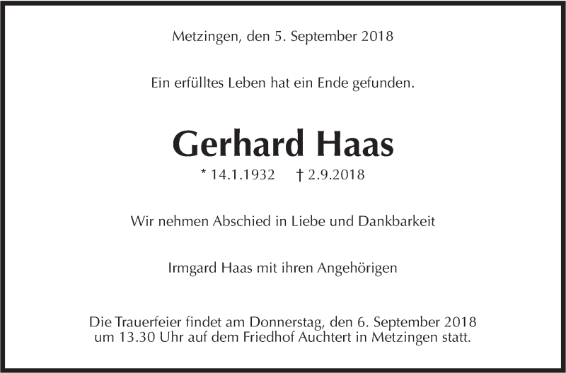  Traueranzeige für Gerhard Haas vom 05.09.2018 aus Metzinger-Uracher Volksblatt