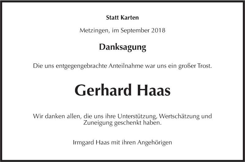  Traueranzeige für Gerhard Haas vom 22.09.2018 aus Metzinger-Uracher Volksblatt