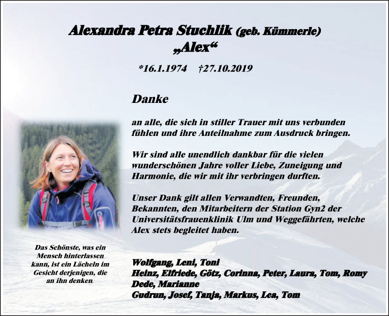  Traueranzeige für Alexandra Petra  Stuchlik  vom 04.11.2019 aus SÜDWEST PRESSE Ausgabe Ulm/Neu-Ulm