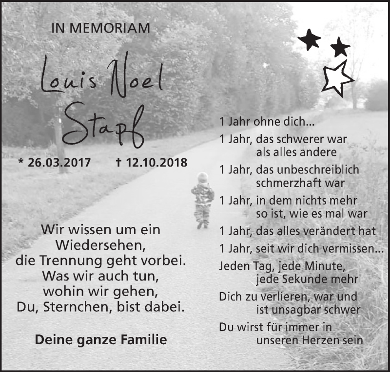  Traueranzeige für Louis Noel Stapf vom 12.10.2019 aus Haller Tagblatt