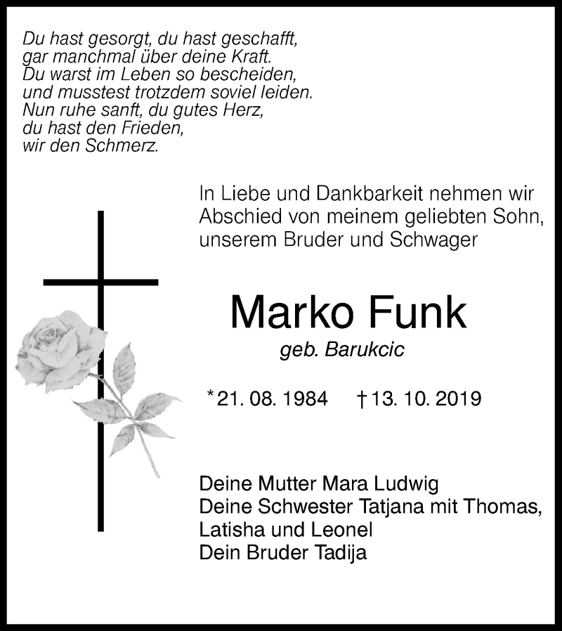  Traueranzeige für Marko Funk vom 17.10.2019 aus Hohenloher Tagblatt