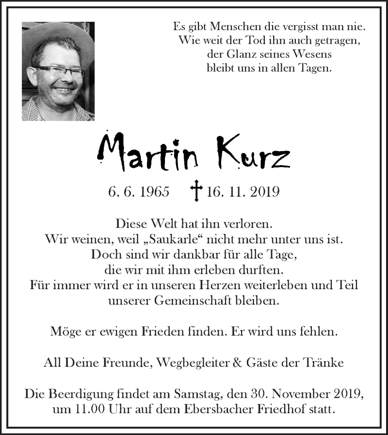 Traueranzeige für Martin Kurz vom 23.11.2019 aus NWZ Neue Württembergische Zeitung
