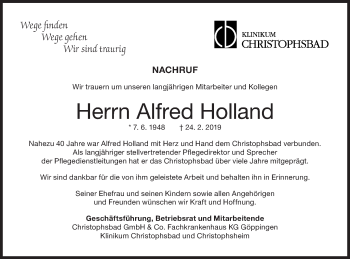 Traueranzeige von Alfred Holland von NWZ Neue Württembergische Zeitung