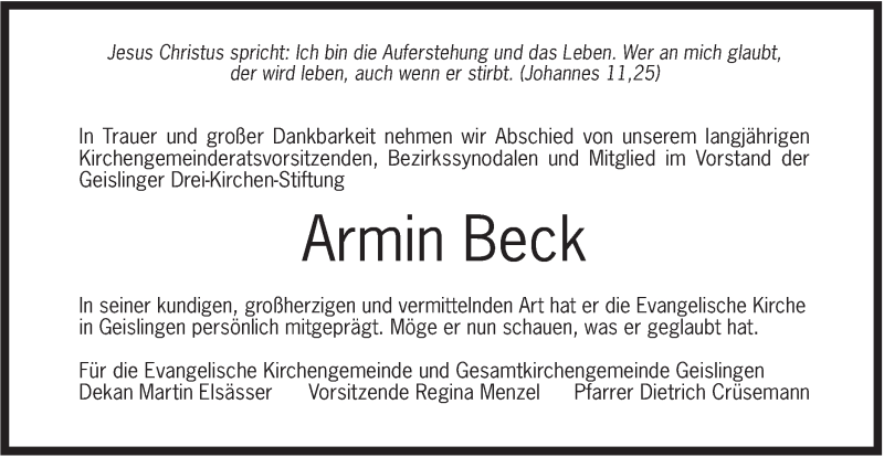 Traueranzeige für Armin Beck vom 25.02.2019 aus Geislinger Zeitung