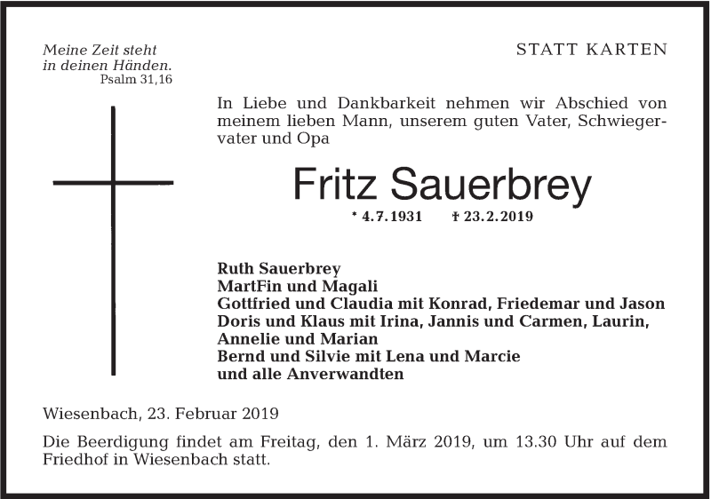  Traueranzeige für Fritz Sauerbrey vom 27.02.2019 aus Hohenloher Tagblatt