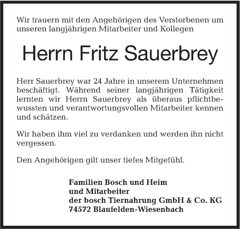  Traueranzeige für Fritz Sauerbrey vom 28.02.2019 aus Hohenloher Tagblatt