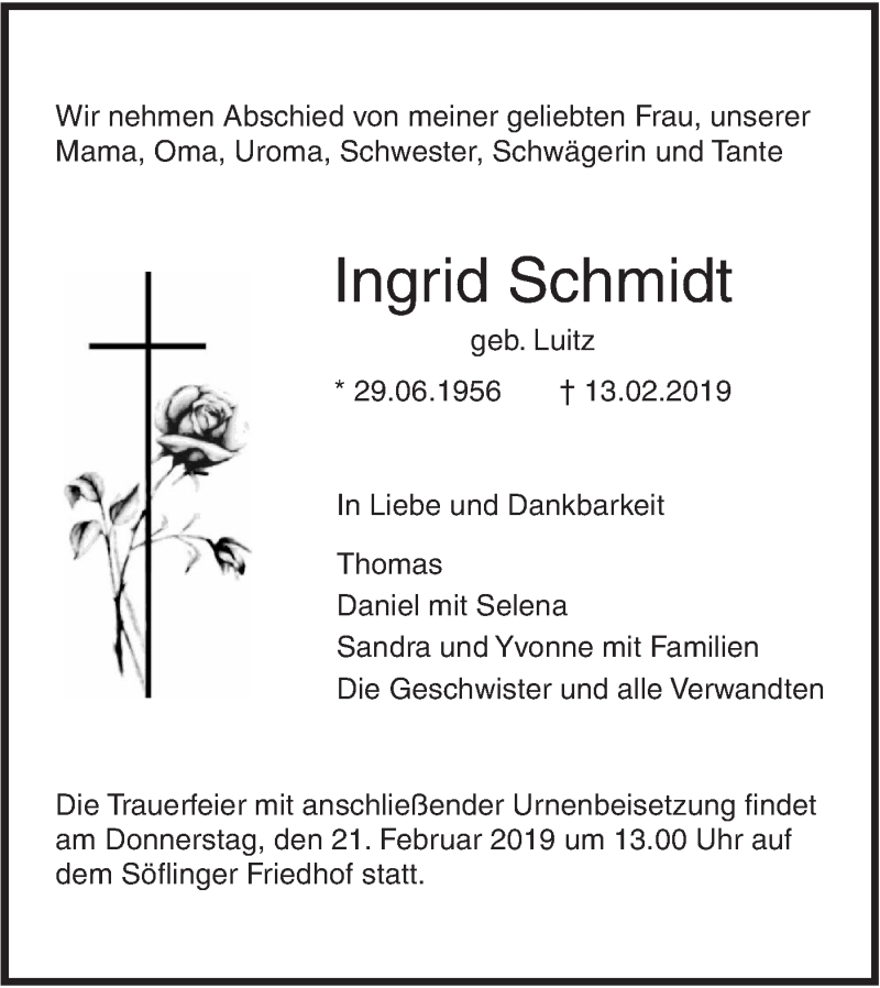  Traueranzeige für Ingrid Schmidt vom 16.02.2019 aus SÜDWEST PRESSE Ausgabe Ulm/Neu-Ulm