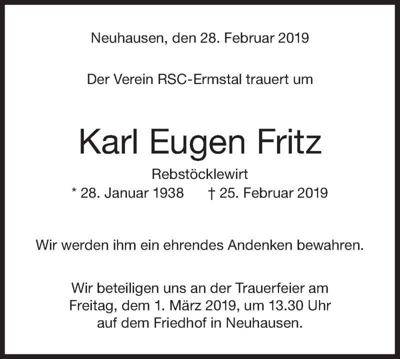  Traueranzeige für Karl Eugen Fritz vom 26.02.2019 aus Metzinger-Uracher Volksblatt
