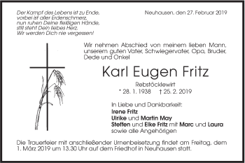 Traueranzeige von Karl Eugen Fritz von Metzinger-Uracher Volksblatt