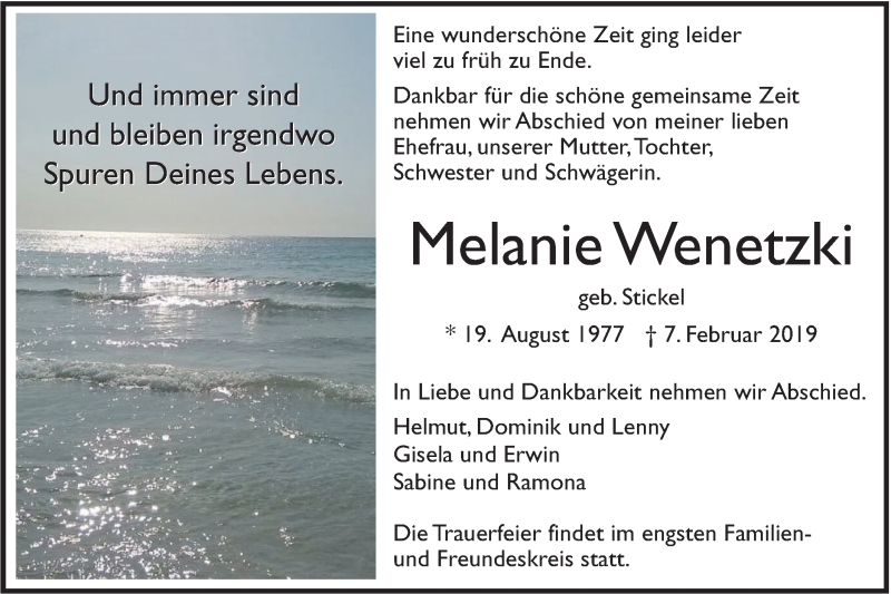  Traueranzeige für Melanie Wenetzki vom 13.02.2019 aus Alb-Bote/Metzinger-Uracher Volksblatt