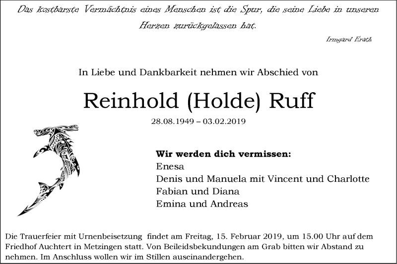  Traueranzeige für Reinhold Ruff vom 09.02.2019 aus Metzinger-Uracher Volksblatt