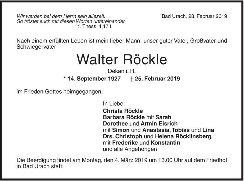  Traueranzeige für Walter Röckle vom 28.02.2019 aus Metzinger-Uracher Volksblatt