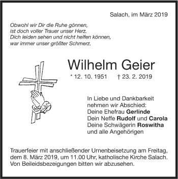 Traueranzeige von Wilhelm Geier von NWZ Neue Württembergische Zeitung