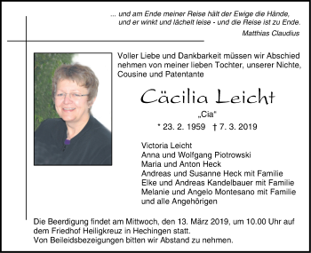 Traueranzeige von Cäcilia Leicht von Hohenzollerische Zeitung