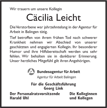 Traueranzeige von Cäcilia Leicht von Hohenzollerische Zeitung