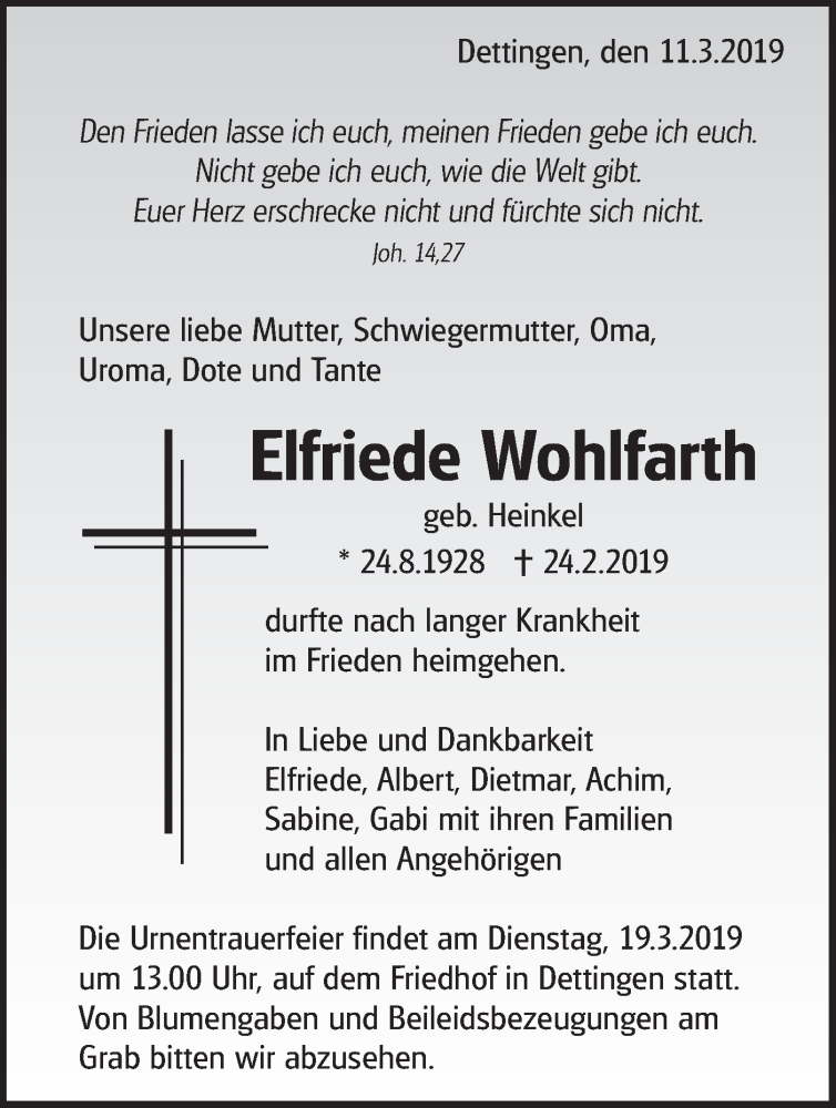  Traueranzeige für Elfriede Wohlfarth vom 11.03.2019 aus Metzinger-Uracher Volksblatt