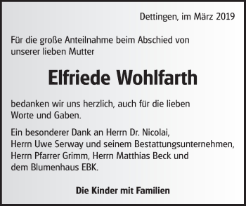 Traueranzeige von Elfriede Wohlfarth von Metzinger-Uracher Volksblatt