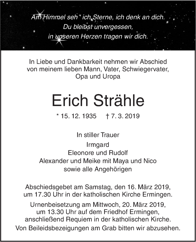  Traueranzeige für Erich Strähle vom 14.03.2019 aus SÜDWEST PRESSE Ausgabe Ulm/Neu-Ulm