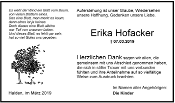 Traueranzeige von Erika Hofacker von Hohenloher Tagblatt