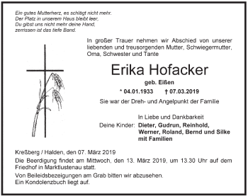 Traueranzeige von Erika Hofacker von Hohenloher Tagblatt