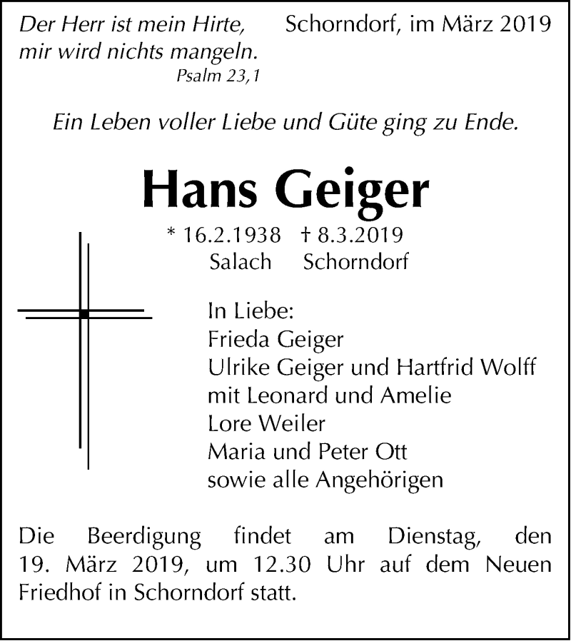  Traueranzeige für Hans Geiger vom 14.03.2019 aus NWZ Neue Württembergische Zeitung