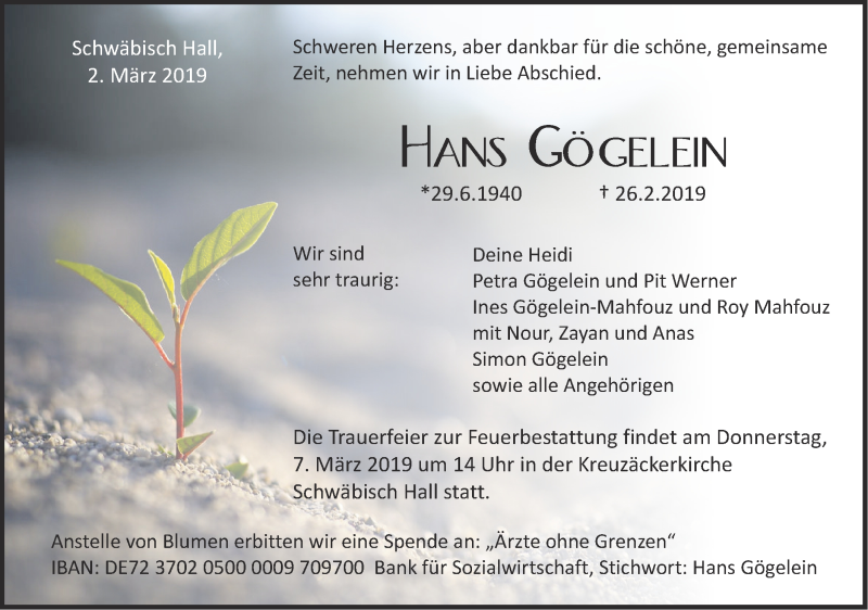  Traueranzeige für Hans Gögelein vom 02.03.2019 aus Haller Tagblatt